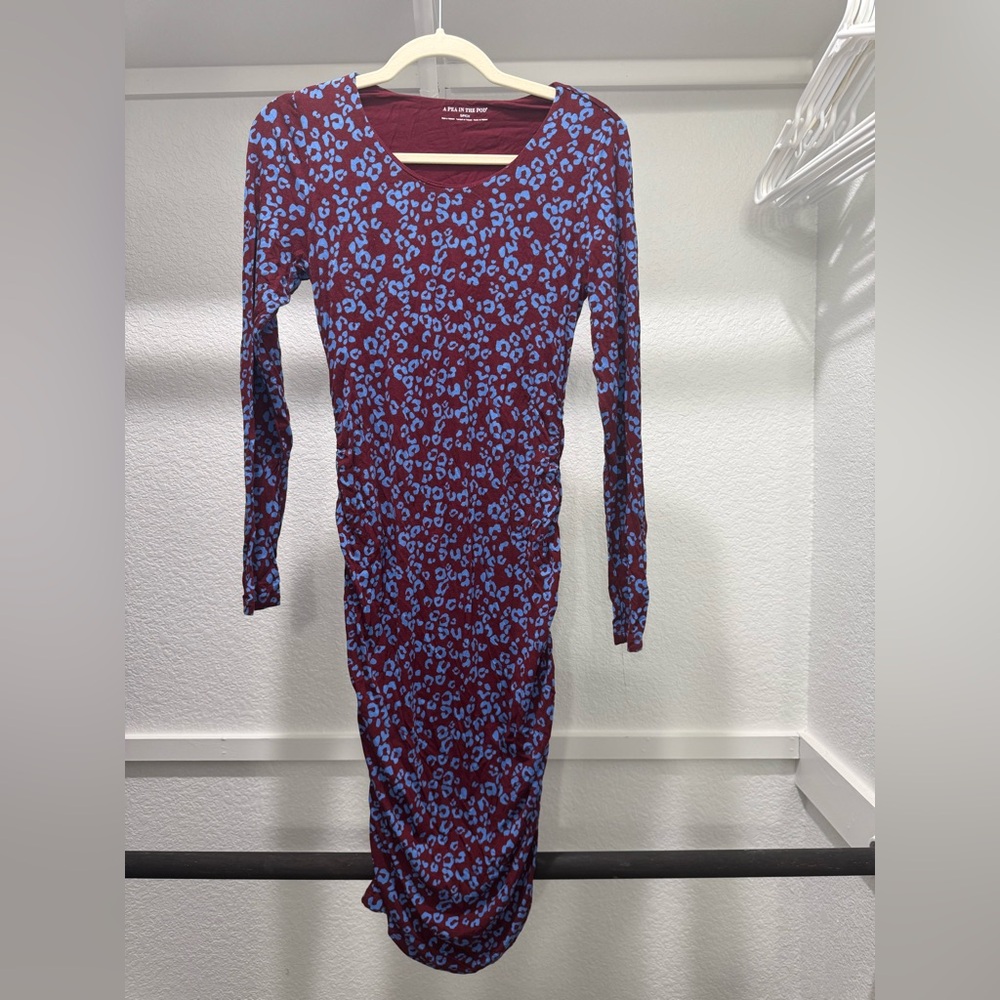 A Pea in the Pod Leopard Ruched Maternity Dress Long Sleeve - S